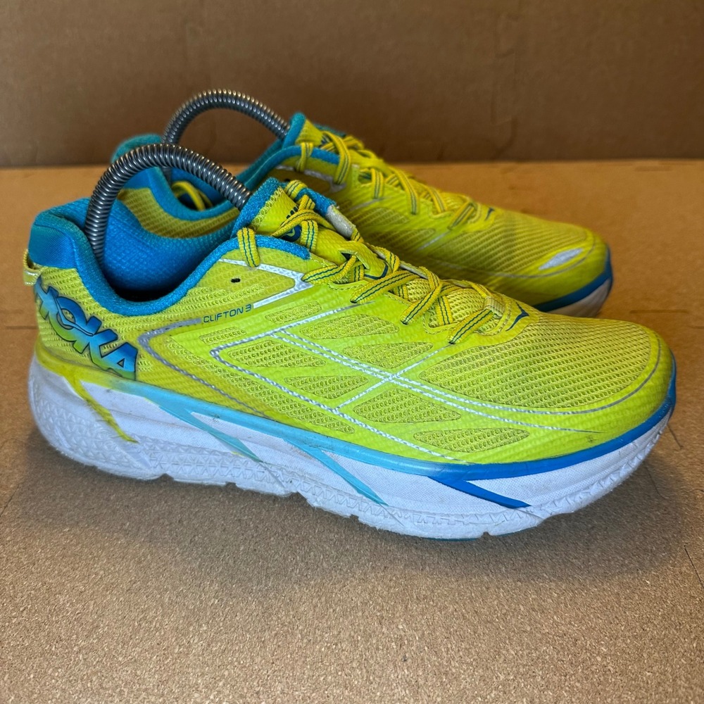 Hoka One One Clifton 3 Womens 9 Lime Green Blue Running Shoes 1012045 CBJW